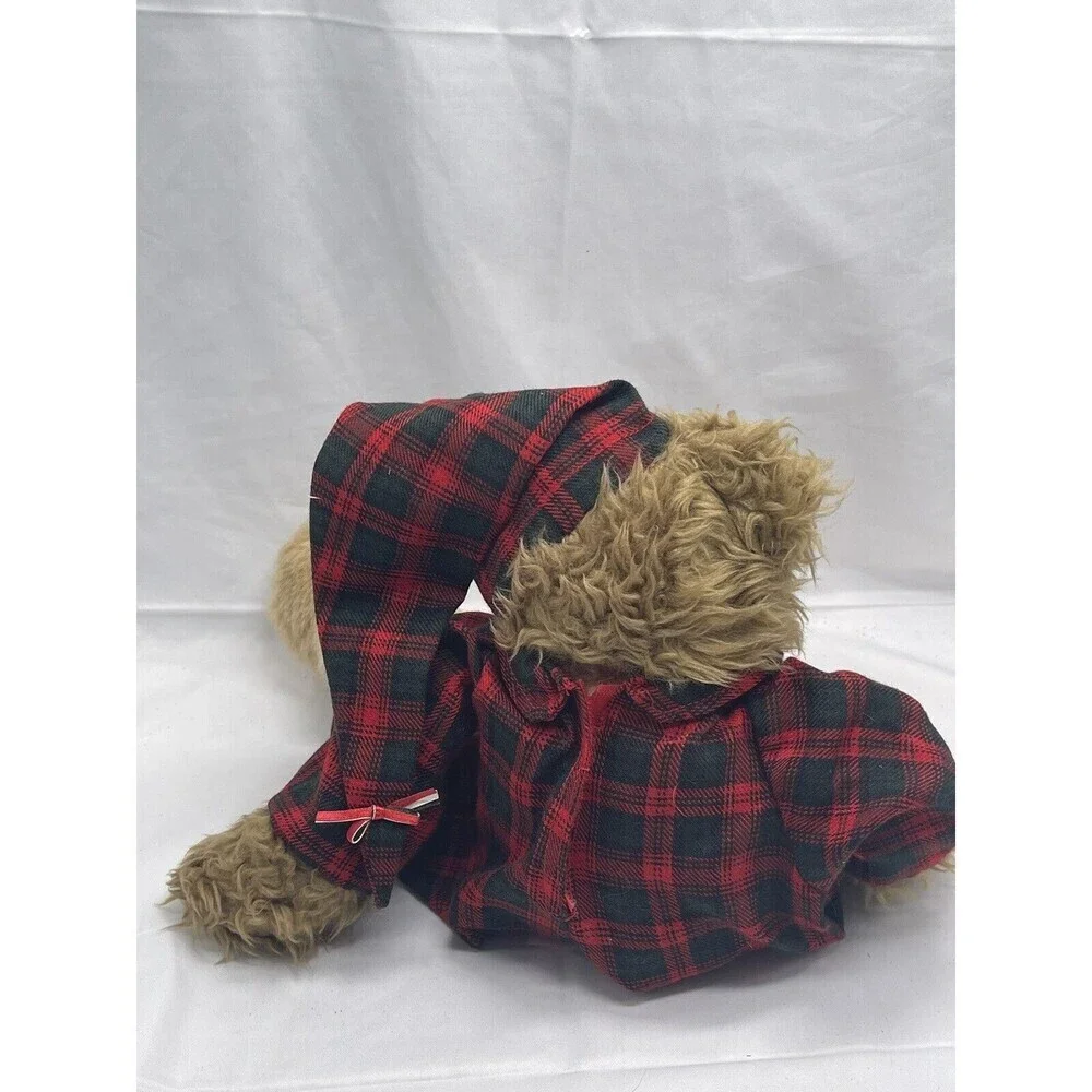 Vintage Teddy Bear in Plaid PJ bunny slippers sleeping cap red Stuffed Animal